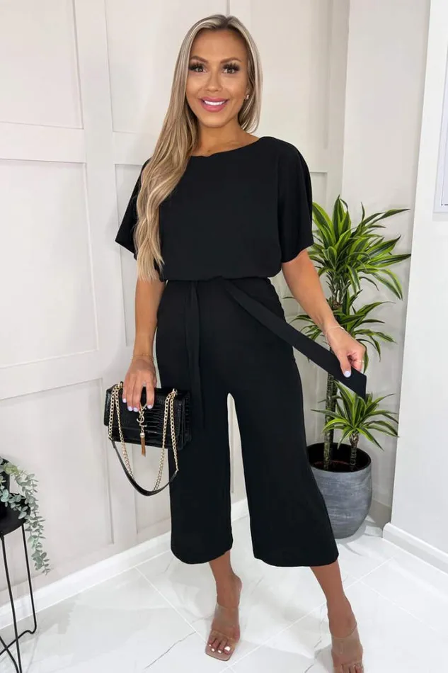 AX Paris Black Tie Waist Short Sleeve Culotte Jumpsuit Jumpsuits And Playsuits