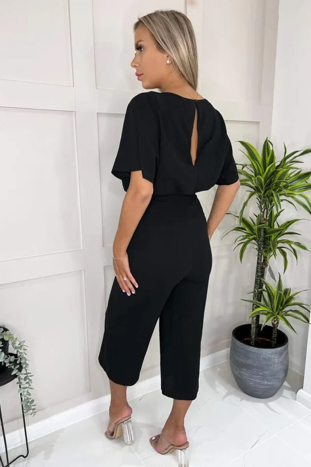 AX Paris Black Tie Waist Short Sleeve Culotte Jumpsuit Jumpsuits And Playsuits