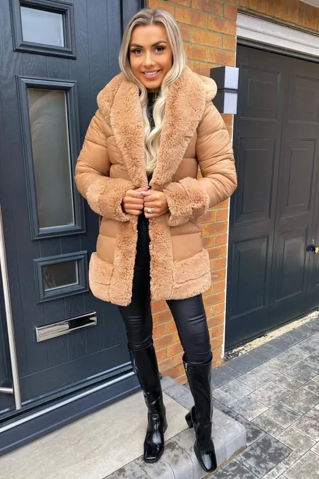 AX Paris Camel Faux Fur Trim Belted Jacket Coats and Jackets