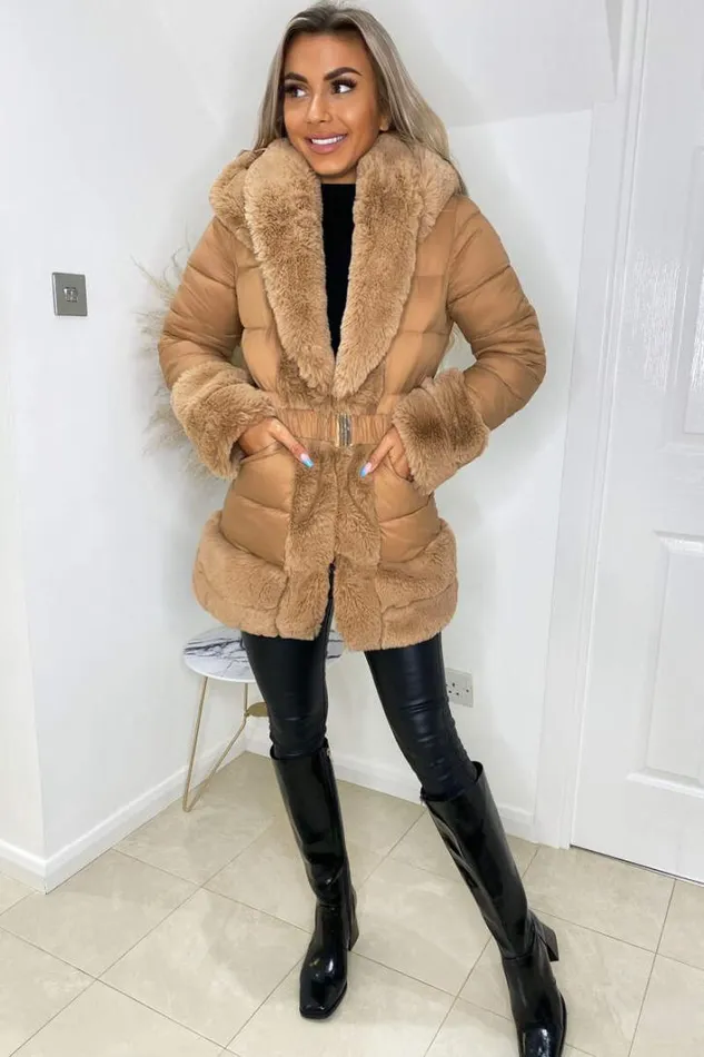 AX Paris Camel Faux Fur Trim Belted Jacket Coats and Jackets