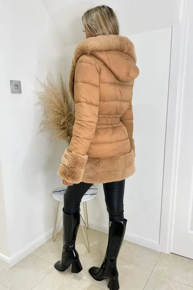 AX Paris Camel Faux Fur Trim Belted Jacket Coats and Jackets
