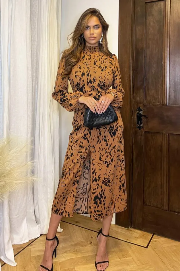 AX Paris Camel Print High Neck Split Skirt Midi Dress Dresses