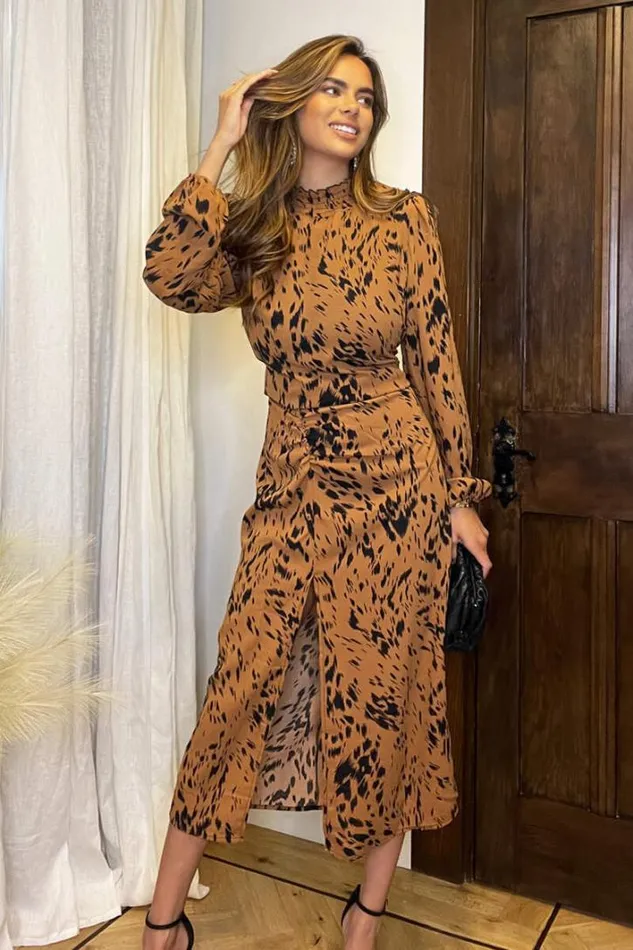 AX Paris Camel Print High Neck Split Skirt Midi Dress Dresses