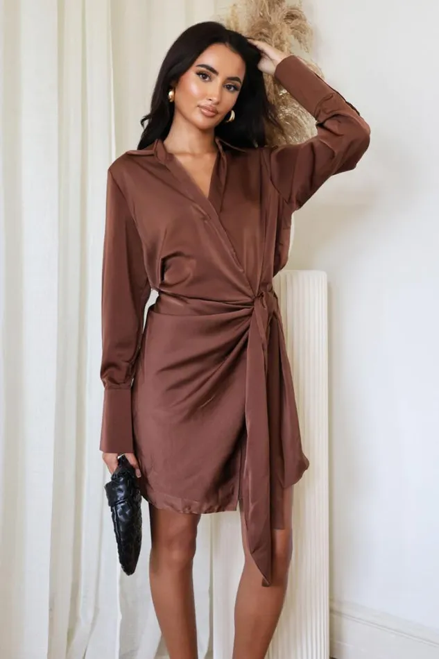 AX Paris Chocolate Satin Wrap Long Sleeve Mini Dress Dresses