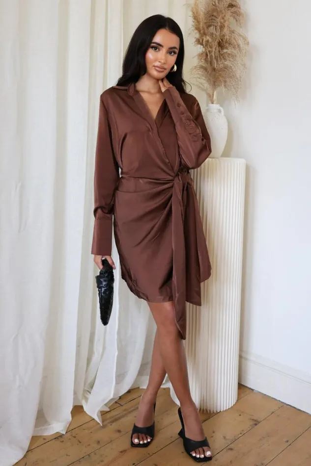 AX Paris Chocolate Satin Wrap Long Sleeve Mini Dress Dresses