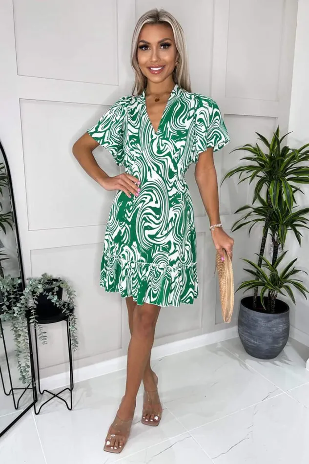 AX Paris Green And White Printed V Neck Short Sleeve Ruffle Hem Mini Dress Dresses