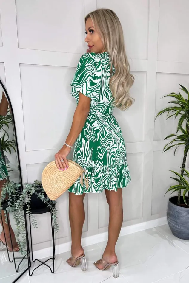 AX Paris Green And White Printed V Neck Short Sleeve Ruffle Hem Mini Dress Dresses