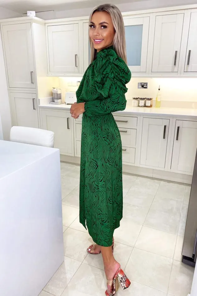 AX Paris Green Animal Print Gathered Sleeve Split Midi Dress Midi Dresses