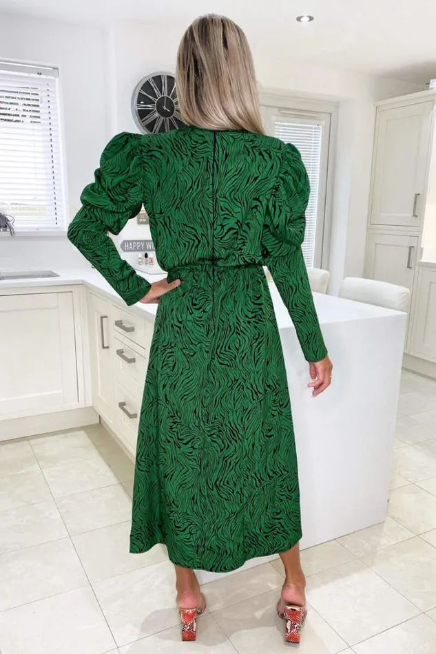 AX Paris Green Animal Print Gathered Sleeve Split Midi Dress Midi Dresses