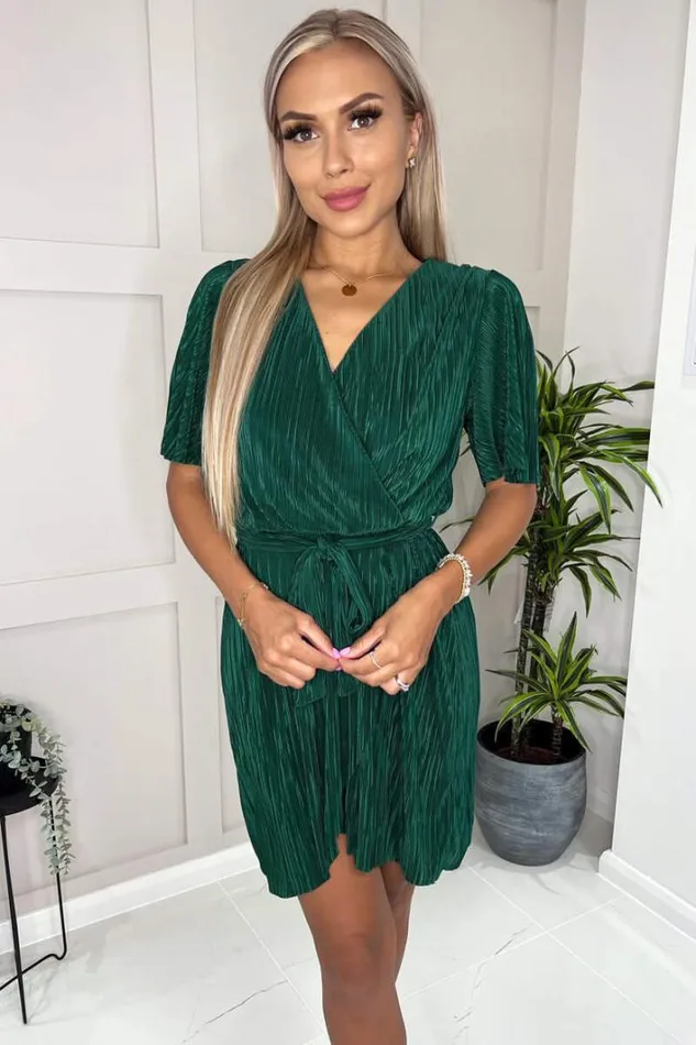 AX Paris Green Wrap Top Belted Short Sleeve Plisse Mini Dress Dresses