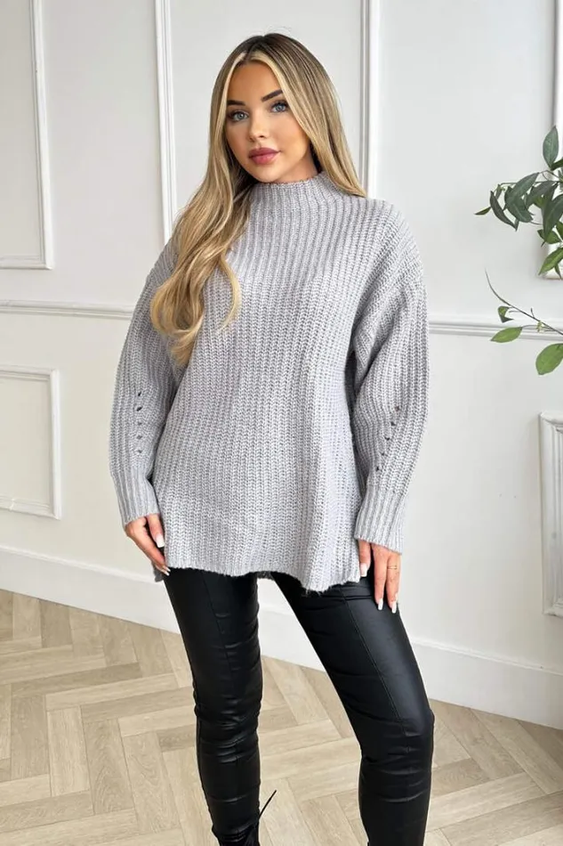 AX Paris Grey Mock Neck Oversized Knit Jumper Knitwear