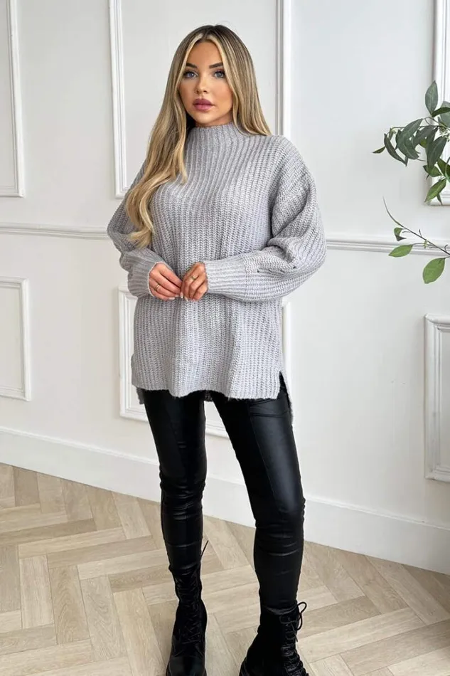 AX Paris Grey Mock Neck Oversized Knit Jumper Knitwear