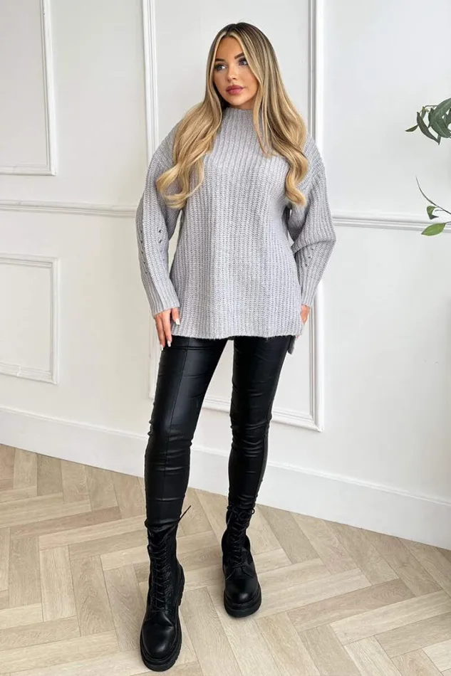 AX Paris Grey Mock Neck Oversized Knit Jumper Knitwear