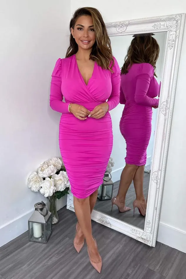 AX Paris Hot Pink Ruched Long Sleeve Cross Front Midi Dress Dresses