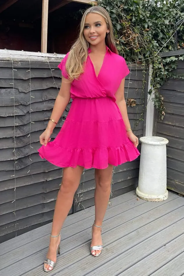 AX Paris Hot Pink Short Sleeve VNeck Mini Smock Dress Dresses