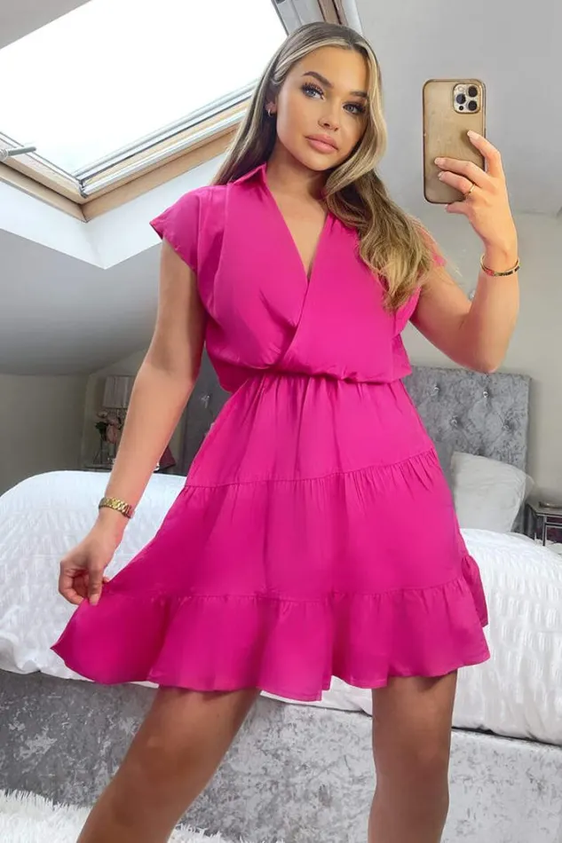 AX Paris Hot Pink Short Sleeve VNeck Mini Smock Dress Dresses