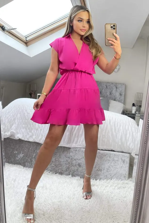 AX Paris Hot Pink Short Sleeve VNeck Mini Smock Dress Dresses