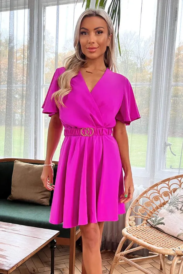 AX Paris Hot Pink Wrap Over Belted Skater Dress With Short Sleeves Dresses