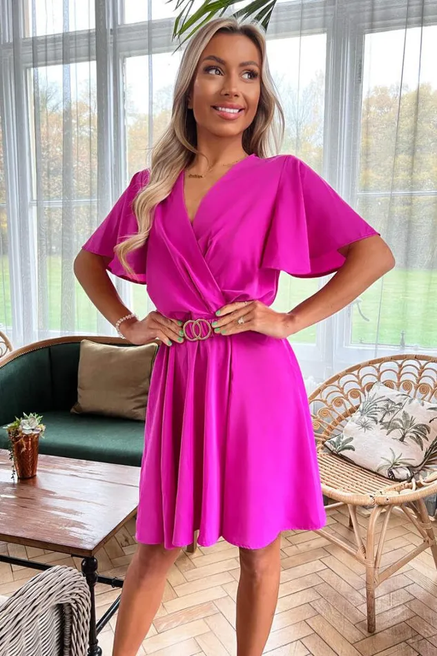 AX Paris Hot Pink Wrap Over Belted Skater Dress With Short Sleeves Dresses