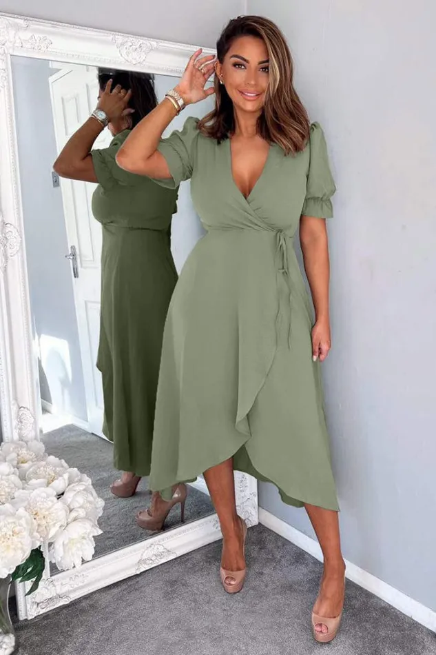 AX Paris Khaki Wrap Side Tie Midi Dress Dresses