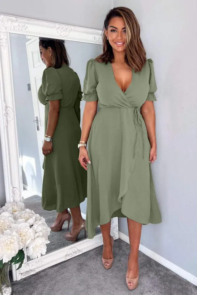 AX Paris Khaki Wrap Side Tie Midi Dress Dresses