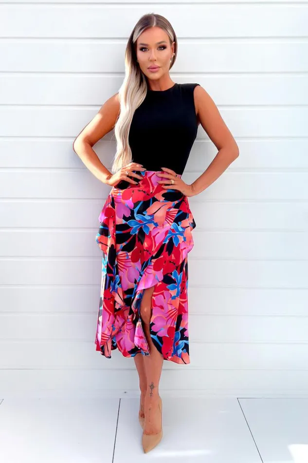 AX Paris Multi Printed 2 In 1 Double Frill Split Midi Dress Dresses