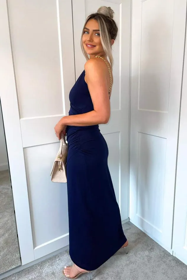 AX Paris Navy Wrap Over Midi Dress With Chain Straps Dresses