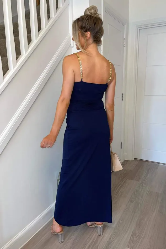 AX Paris Navy Wrap Over Midi Dress With Chain Straps Dresses