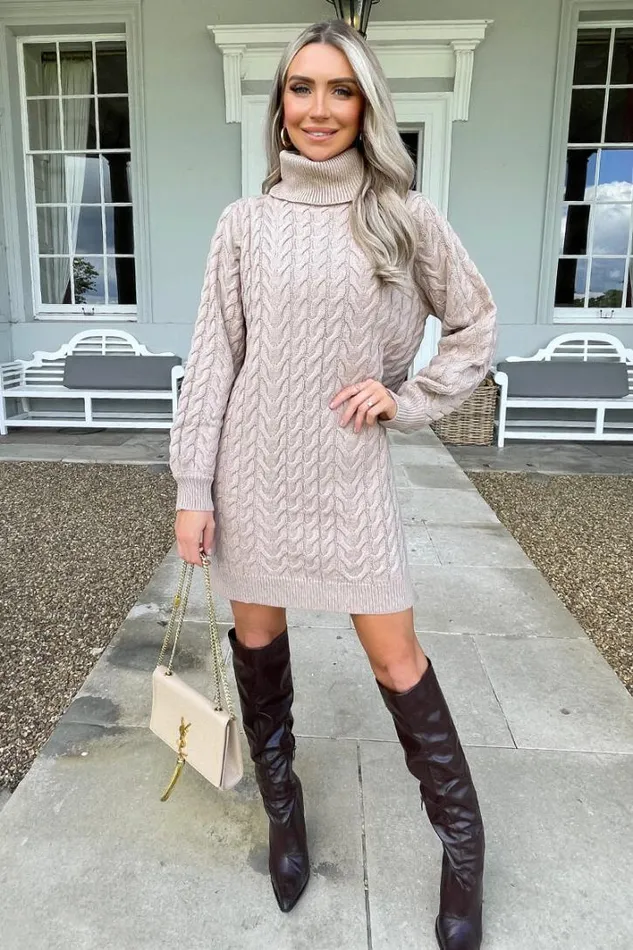 AX Paris Oatmeal Roll Neck Cable Knit Dress Dresses