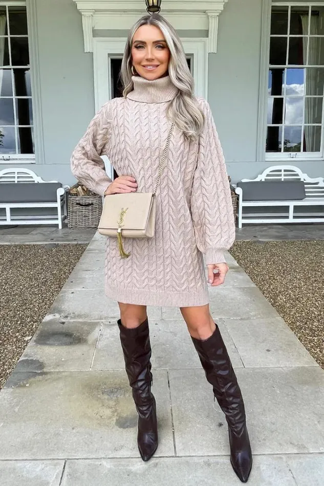 AX Paris Oatmeal Roll Neck Cable Knit Dress Dresses