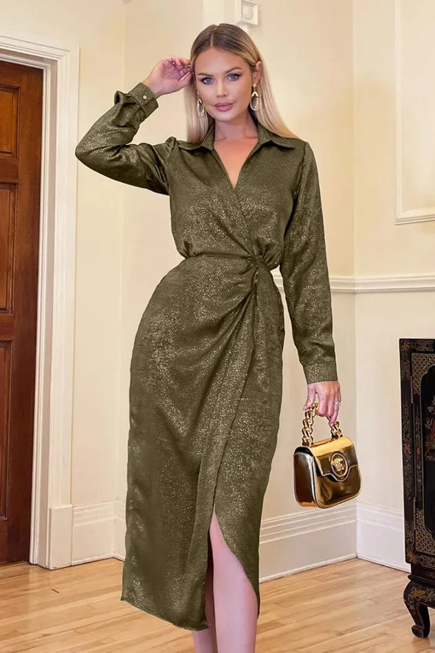 AX Paris Olive And Gold Wrap Shirt Midi Dress Dresses