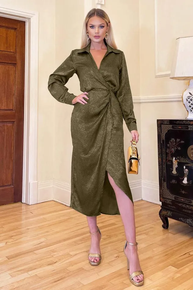 AX Paris Olive And Gold Wrap Shirt Midi Dress Dresses