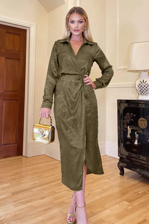 AX Paris Olive And Gold Wrap Shirt Midi Dress Dresses