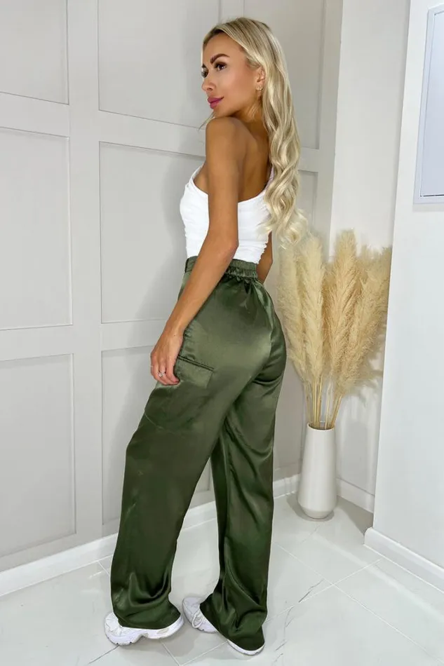 AX Paris Olive Satin Straight Leg Cargo Pants Trousers and Leggings