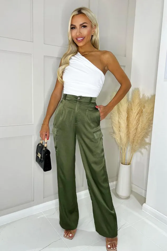 AX Paris Olive Satin Straight Leg Cargo Pants Trousers and Leggings