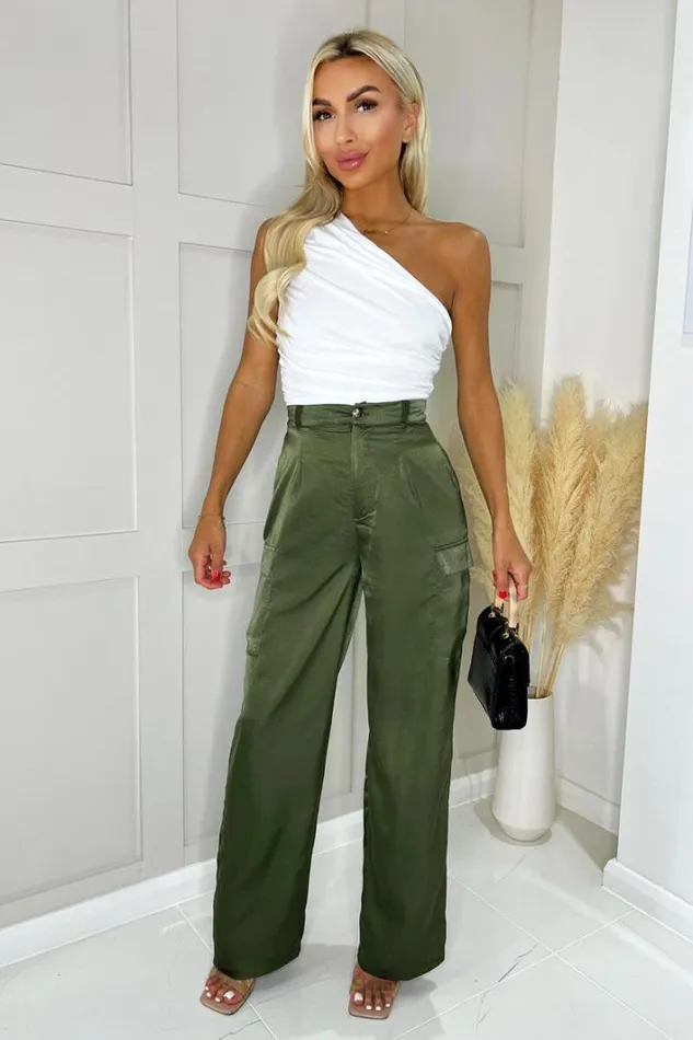 AX Paris Olive Satin Straight Leg Cargo Pants Trousers and Leggings