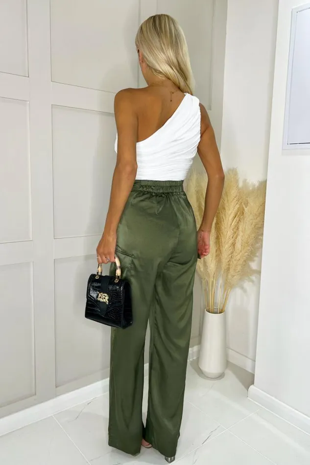 AX Paris Olive Satin Straight Leg Cargo Pants Trousers and Leggings