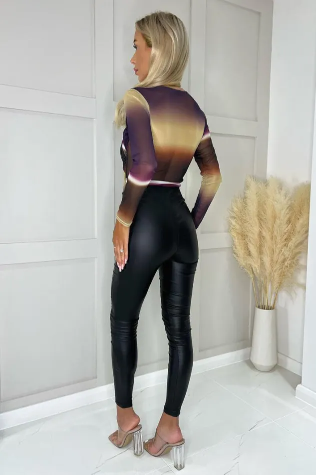 AX Paris Plum Abstract Print Mesh Long Sleeve Bodysuit Tops