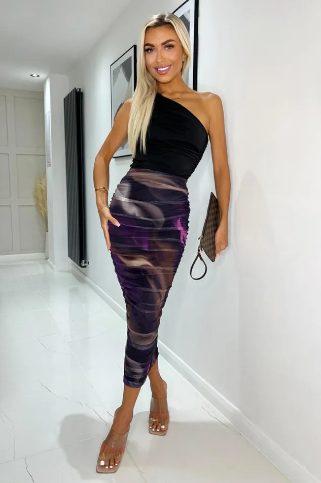 AX Paris Plum Abstract Print Mesh Ruched Midi Skirt Skirts and Shorts