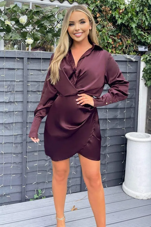 AX Paris Plum Satin Wrap Shirt Dress Dresses