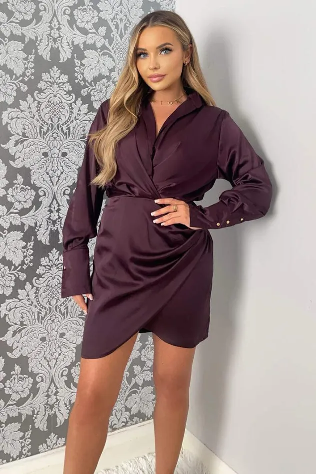 AX Paris Plum Satin Wrap Shirt Dress Dresses