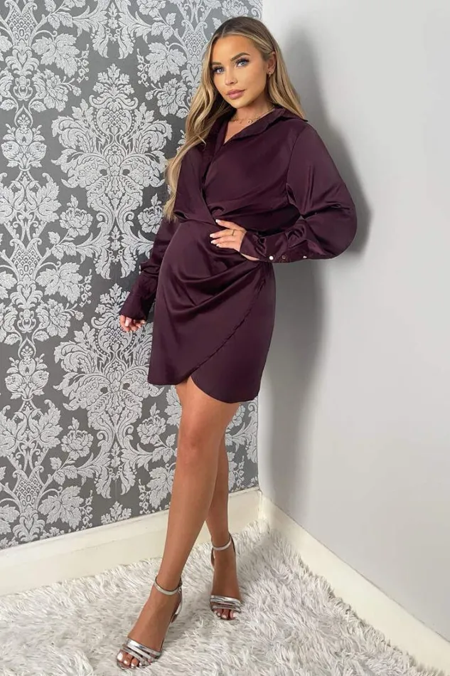 AX Paris Plum Satin Wrap Shirt Dress Dresses