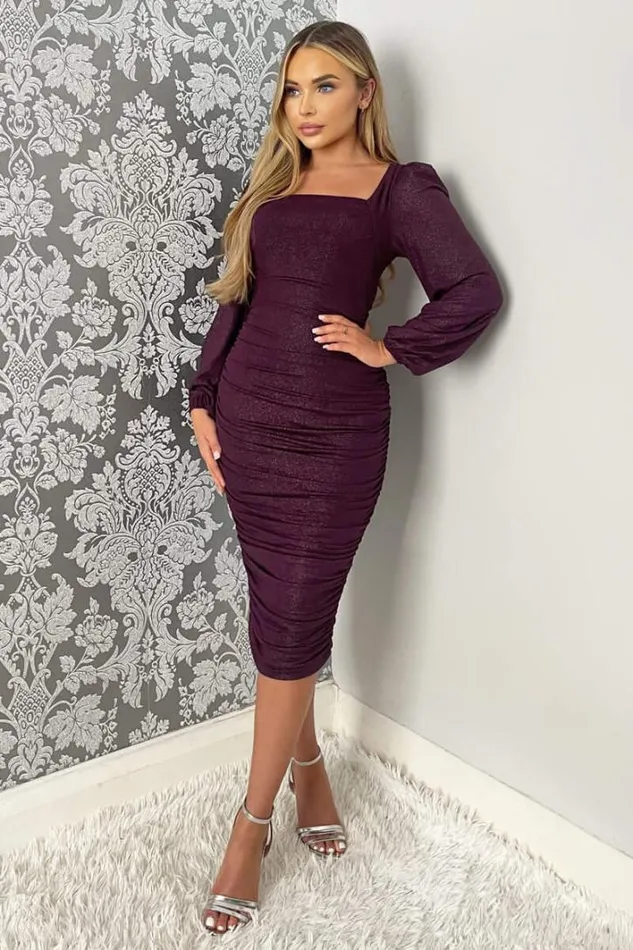 AX Paris Plum Square Neck Long Sleeve Ruched Shimmer Midi Dress Dresses