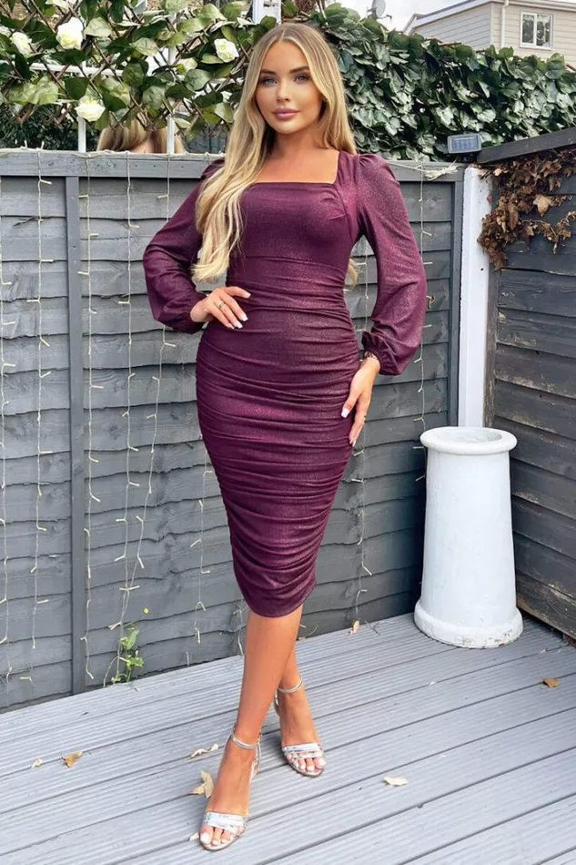 AX Paris Plum Square Neck Long Sleeve Ruched Shimmer Midi Dress Dresses