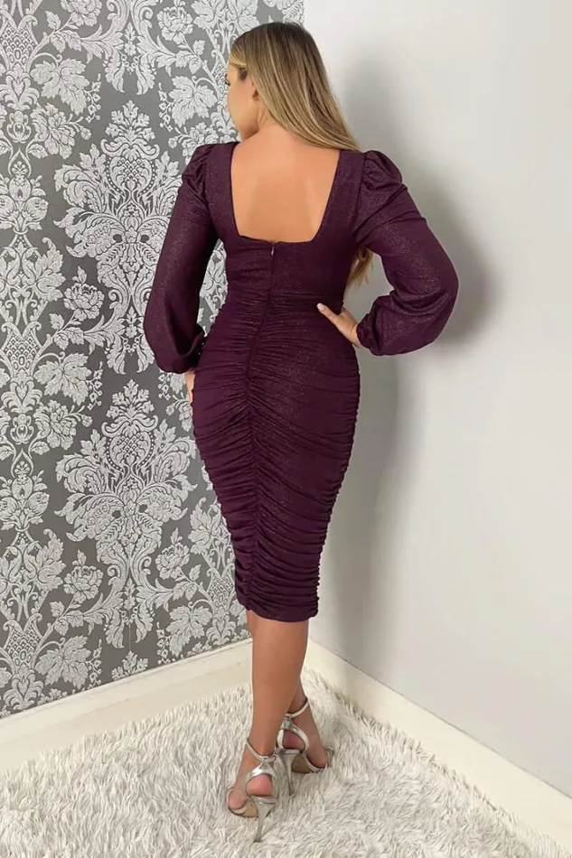 AX Paris Plum Square Neck Long Sleeve Ruched Shimmer Midi Dress Dresses