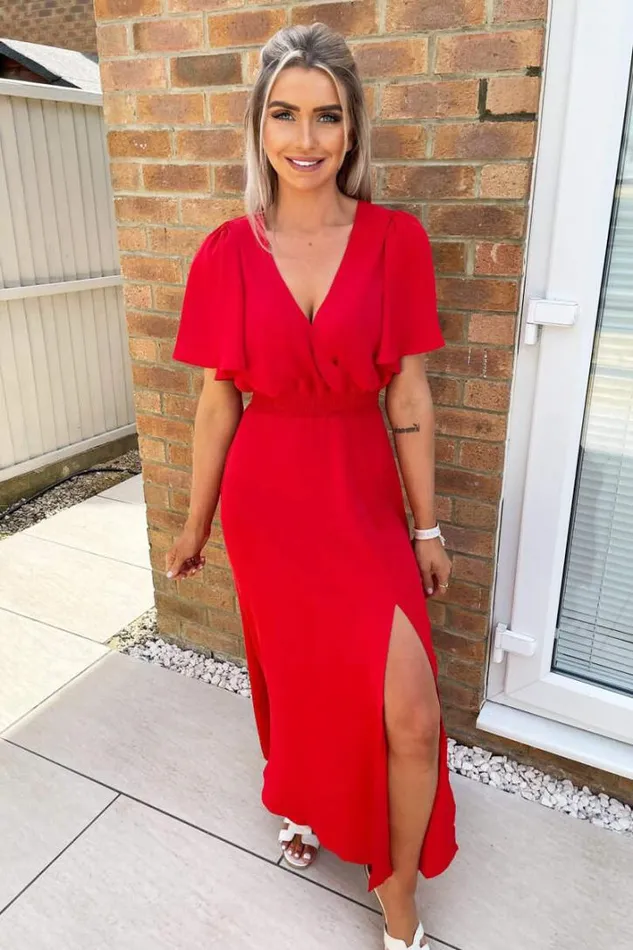 AX Paris Red Gathered Waist Midi Dress Midi Dresses