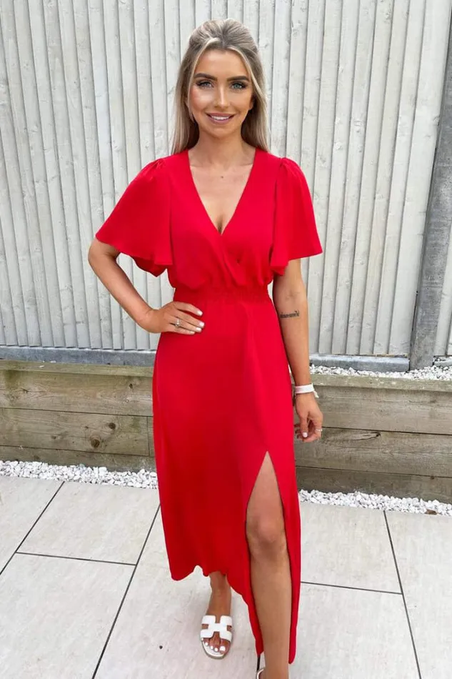 AX Paris Red Gathered Waist Midi Dress Midi Dresses
