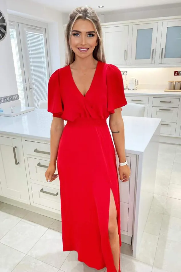 AX Paris Red Gathered Waist Midi Dress Midi Dresses