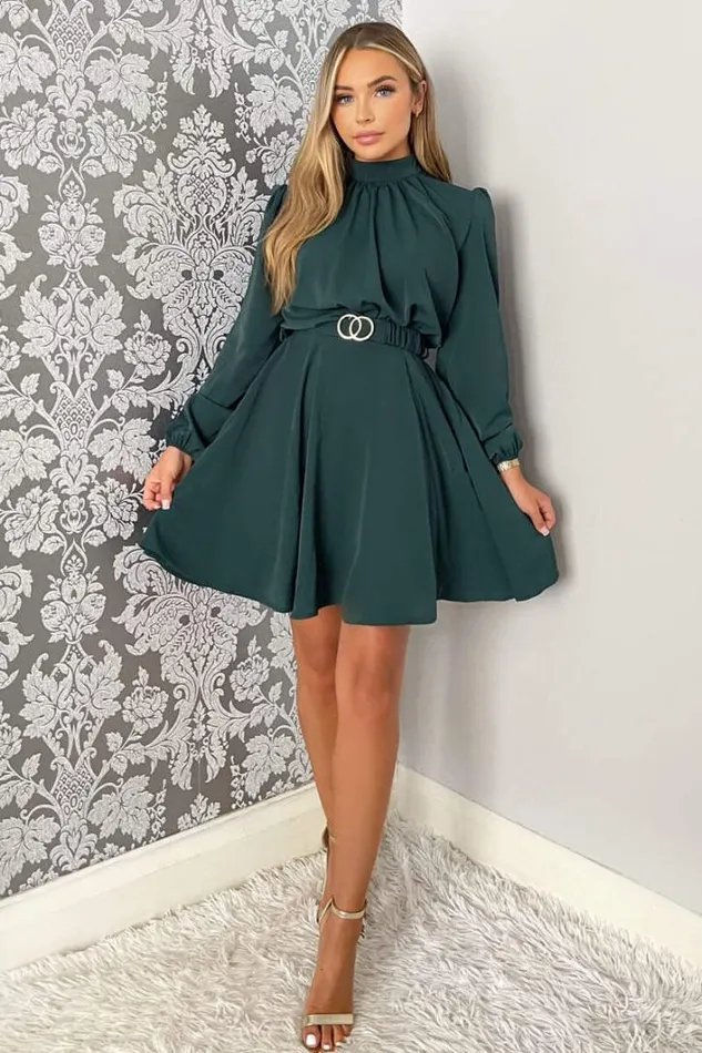 AX Paris Teal High Neck Long Puff Sleeve Belted Skater Dress Dresses