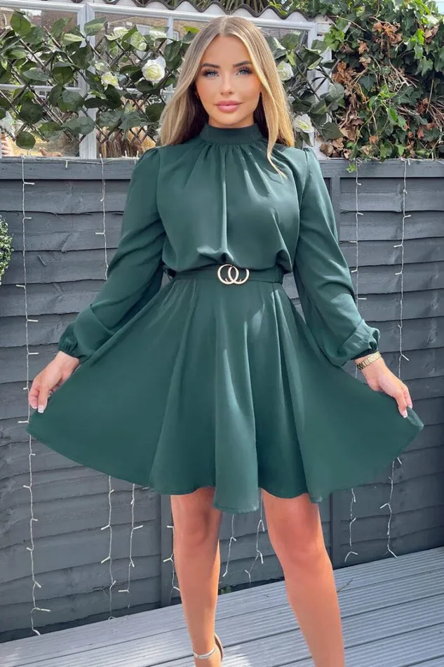 AX Paris Teal High Neck Long Puff Sleeve Belted Skater Dress Dresses